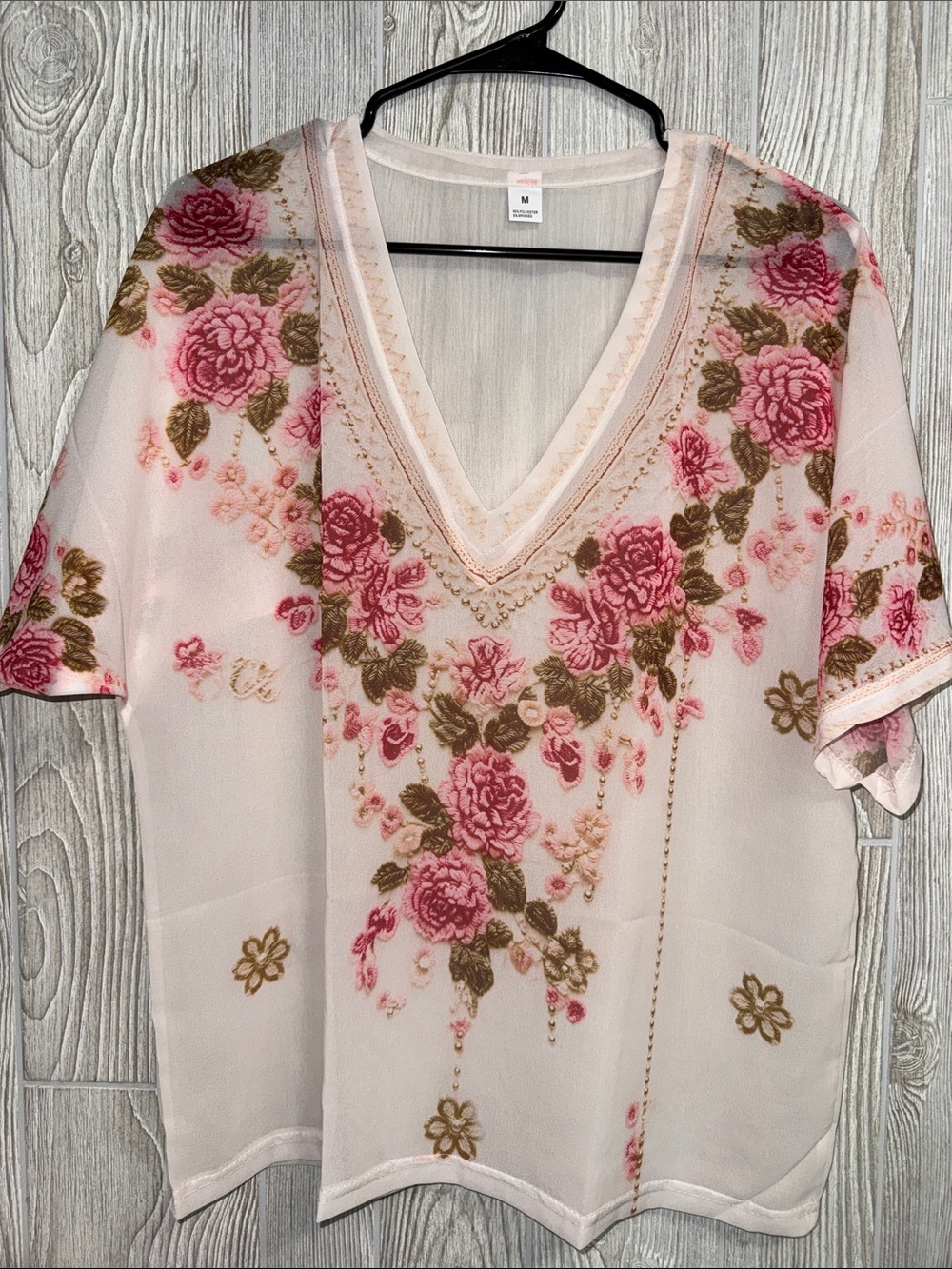 Pink Rose Design V-Neck Chiffon Blouse